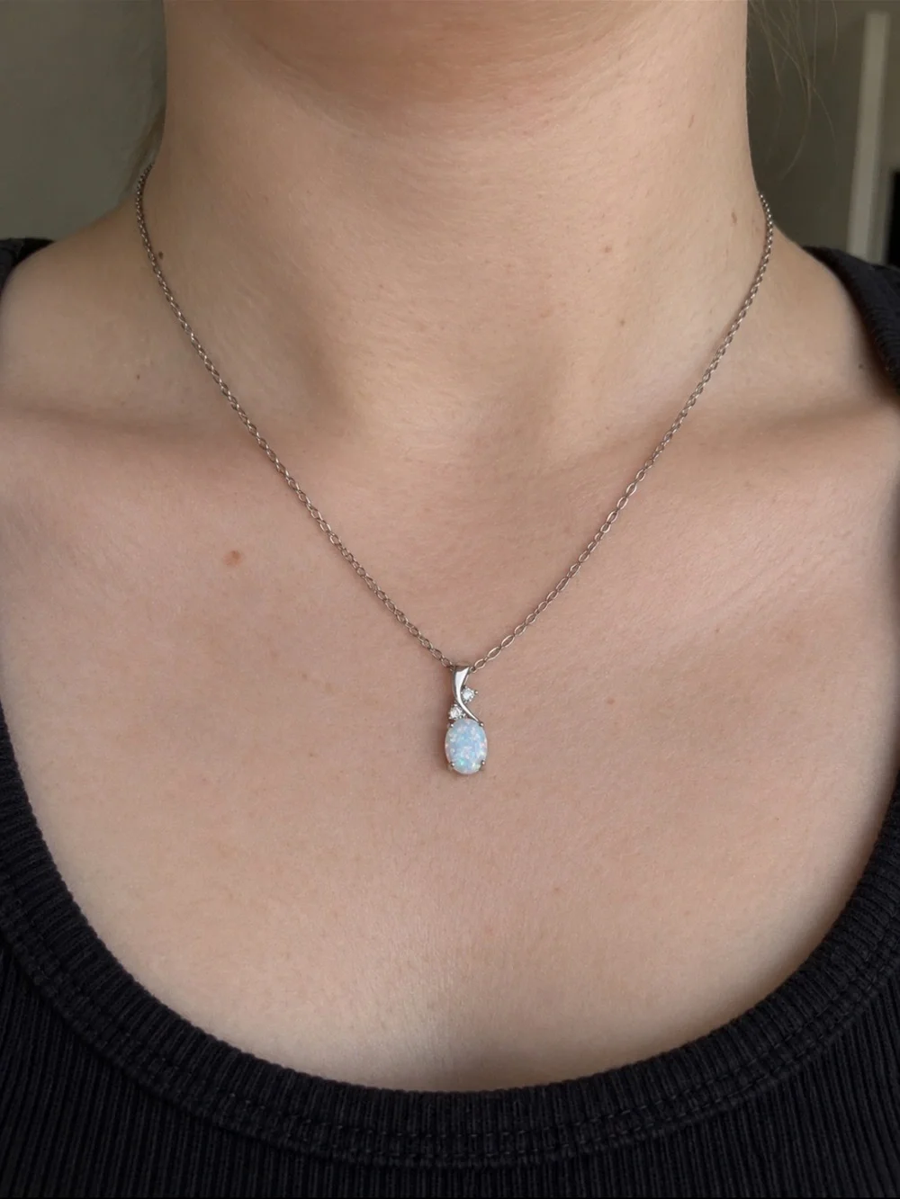 White Opal Solitaire Pendant Necklace Silver Oval 8MM October Birthstone 16-18”
